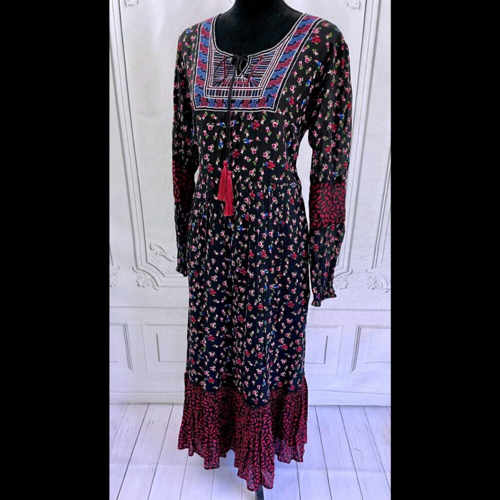Pyramid Collection Prairie Boho Maxi Dress Embroidered Long Sleeve Rayon LARGE